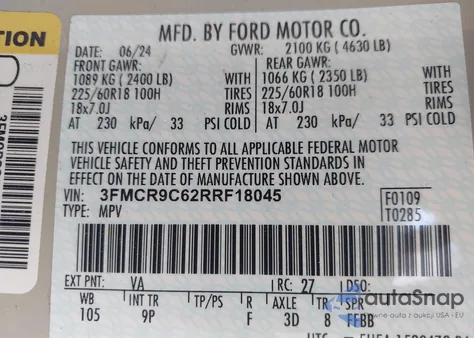 2024 Ford Bronco Sport Outer Banks z USA, uszkodzony, nr VIN 3FMCR9C62RRF18045